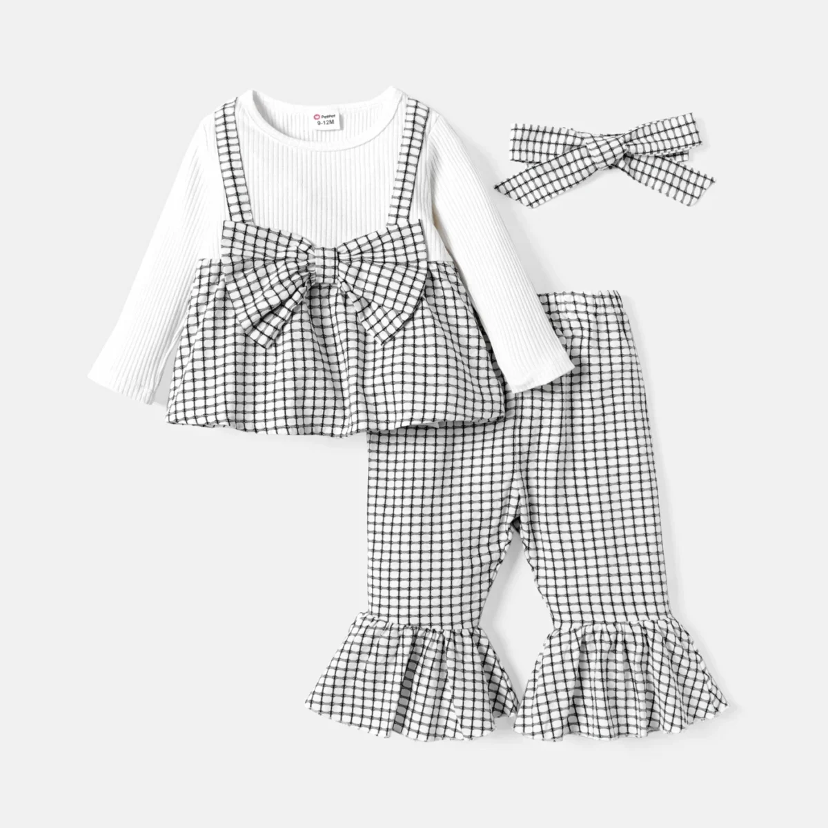 PatPat 3pcs Baby Girl Solid Cotton Ribbed Long-sleeve Faux-two  Print Bow Front Top and Flared Pants & Headband Set - Image 1