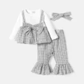 PatPat 3pcs Baby Girl Solid Cotton Ribbed Long-sleeve Faux-two  Print Bow Front Top and Flared Pants & Headband Set