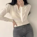 Xpqbb Korean Chic Turndown Collar Sweaters Female Gray Slim Fit Long Sleeve Cropped Sweater for Woman Streetwear Knit Pullovers - Image 5