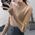 Knitted Women Zipper Half High Neck Sweater Pullovers Autumn Winter Basic Women Sweaters Slim Knitwear Pull Femme Tops - Image 2