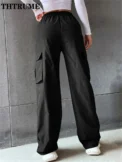 High Street Vintage Pants Fashion Solid High Elastic Waist Pocket Straight Cargo Pant Casual Office Lady Streetwear Y2K Trousers - Image 2