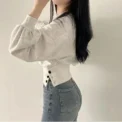 Casual Hip-Hop Sporty Pullover Sweet Chic Street Wear Autumn Women Solid O-Neck Slim Crop Top Lantern Sleeve With Button Sweat - Image 6