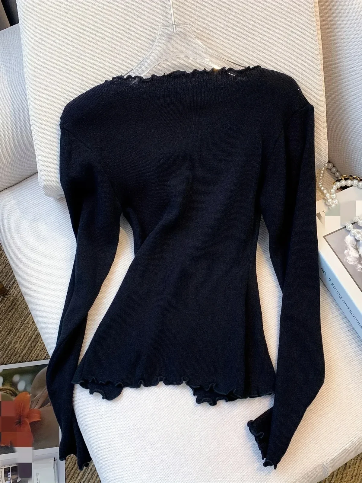 Black/White Solid Lettuce Trim Bowknot Pullover Sweater Y2K Casual Long Sleeve Sweater For Spring & Fall Women's Clothing - Image 3