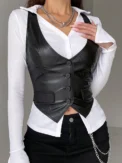 Women PU Leather Button Down Crop Blazer Vest Halter Dressy Punk Corset Top V-Neck Sleeveless Y2K Waistcoat Jacket Coat - Image 3