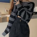 New Korean Style Striped Cropped Sweater Women Vintage Oversize Knit Jumper Female Autumn Long Sleeve O-neck Pullovers Tops - - Image 2