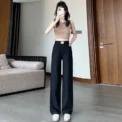 Thin Denim Trousers Letter Elastic Waist Pockets Casual Straight Wide Leg Long Pants Woman Clothing Summer High Street Blue New - Image 4