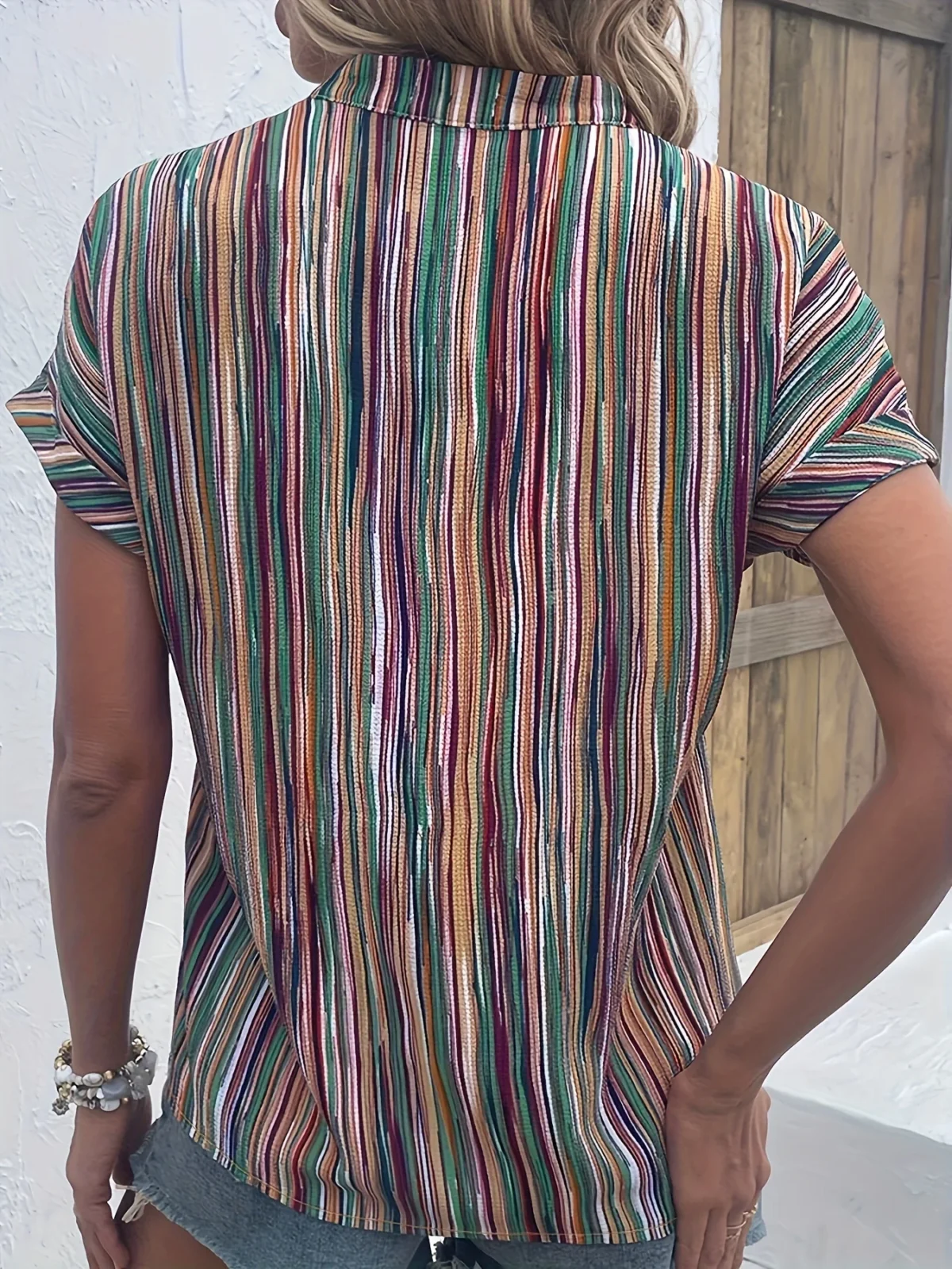 Plus Size Striped Button Detail Blouse, Casual Notched Neck Short Sleeve Blouse For Spring & Summer, Women's Plus Size Clothing - Image 3