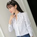 Women White Tops Blouses Fashion Stripe Print Casual Long Sleeve Office Lady OL Shirts Slim Blusas - Image 4