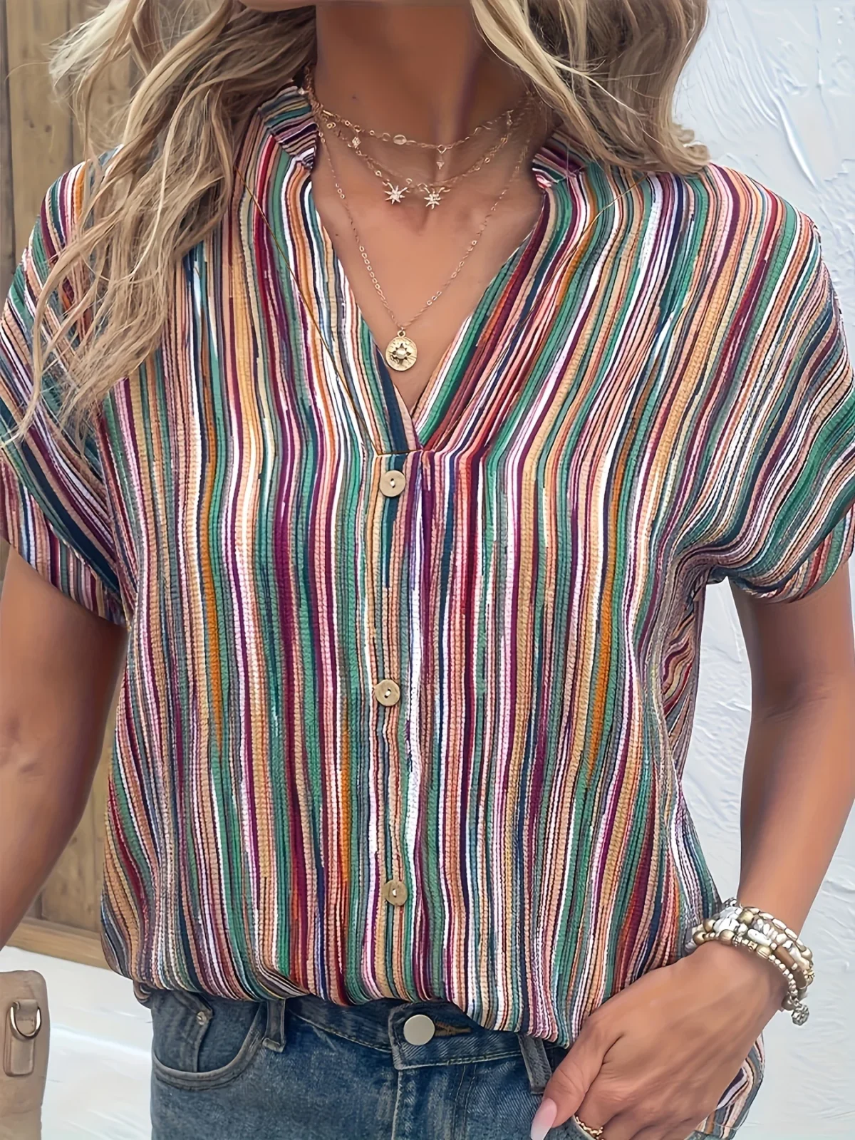 Plus Size Striped Button Detail Blouse, Casual Notched Neck Short Sleeve Blouse For Spring & Summer, Women's Plus Size Clothing - Image 2