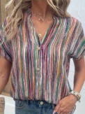 Plus Size Striped Button Detail Blouse, Casual Notched Neck Short Sleeve Blouse For Spring & Summer, Women's Plus Size Clothing - Image 2