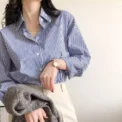 Classic Striped Woman Spring Autumn Blouses Shirt Lady Long Lantern Sleeve Stand Collar Loose Blusas Tops - Image 2