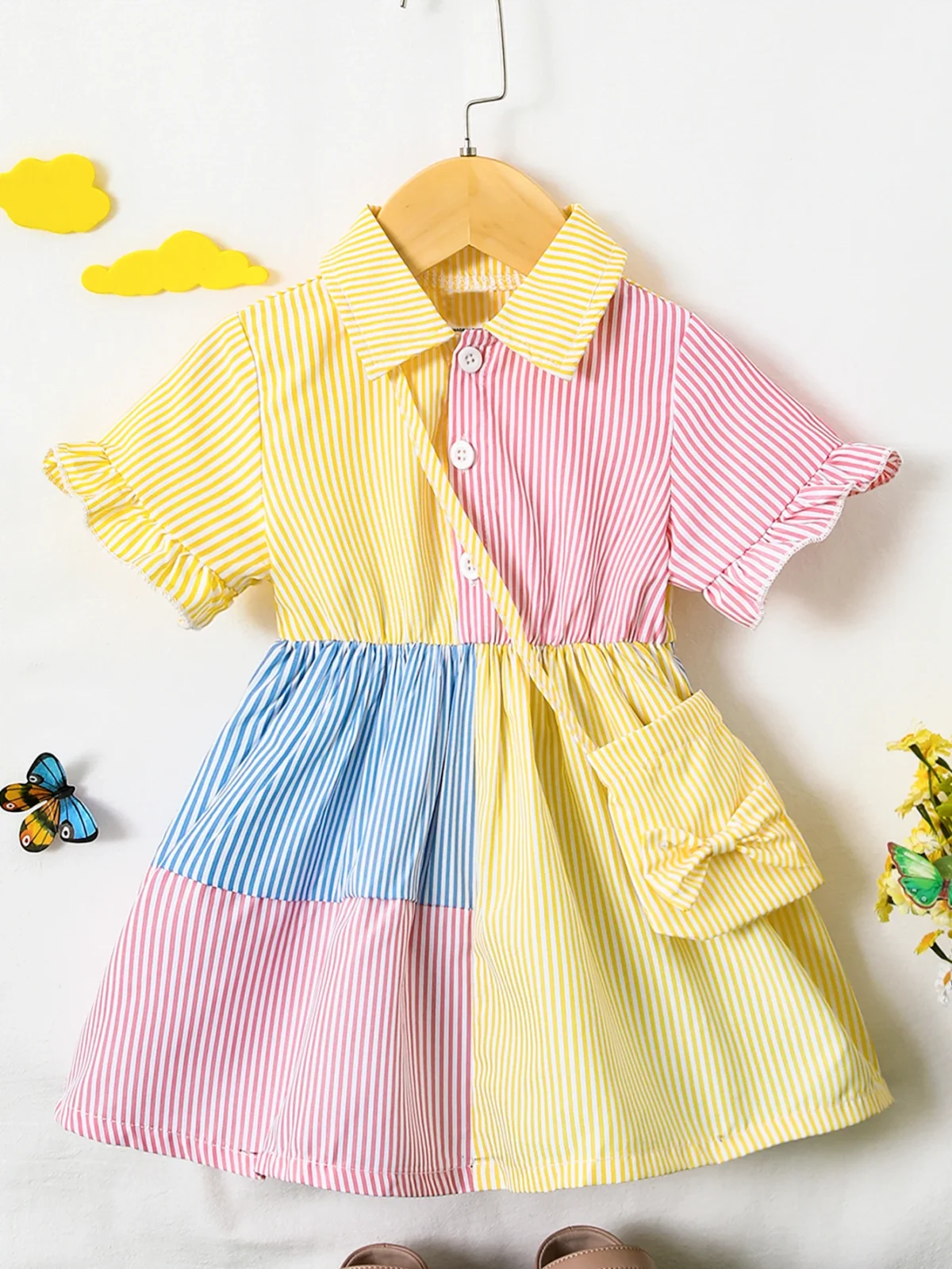 Girls Dress With Lapel Flared Sleeves Button Closure Waist Puffy Skirt Butterfly Bag Loose Travel New Style - Image 2
