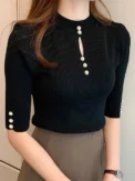 2025 Spring Autumn Korean Fashion Solid Sweater Women Short Sleeve Tops Pull Femme Casual Slim Female Pullover Knitted Clothes -