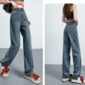 Women Retro Blue Black High Waist Wide Leg Jeans Lady  Style Straight Leg Denim Pants Fashion Streetwear Daily Trousers