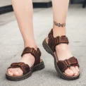Summer New Men's Leather Sandals Lightweight and Comfortable Velcro Beach Shoes Retro Extra Large Outdoor Leisure Sports Sandals - Image 4