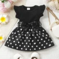 Baby Girl Butterfly and Plant Polka Dot Print Ruffle Sleeve Belt Dress + Ribbon - Image 3