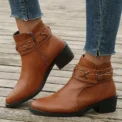 Women Ankle Boots Autumn Winter New Pu Leather Short Boots Woman Side Zipper Thick Heeled Rivet Leather Boots Pus Siz