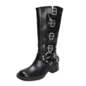 Winter Denim Boots Women's Retro Brown Belt Buckle Round Head High Boots Boots Knee Length Boots - Image 6
