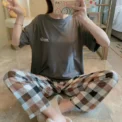 Sleepwear Women’s Solid Color Short Sleeve Checkered Pants Large Size Comfortable Breathable Pullover Top Trouser Nightwear - Image 5