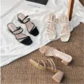 Women Sandals Ladies Square Heels Elegant Summer Slippers Outside Cross Tied Leather Female Slides - Image 2