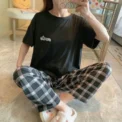Sleepwear Women’s Solid Color Short Sleeve Checkered Pants Large Size Comfortable Breathable Pullover Top Trouser Nightwear - Image 4