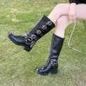 Winter Denim Boots Women's Retro Brown Belt Buckle Round Head High Boots Boots Knee Length Boots - Image 5