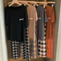 Sleepwear Women’s Solid Color Short Sleeve Checkered Pants Large Size Comfortable Breathable Pullover Top Trouser Nightwear