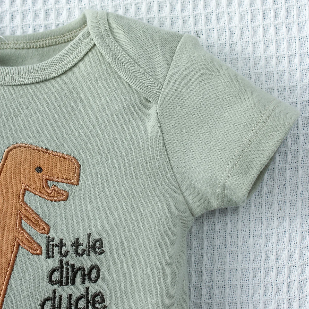 3PCS Summer Baby Bodysuit Three piece Set with Cartoon Dinosaur Pattern and Stripe Pattern Button Design for 0-9 Months Old Boys - Image 3