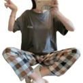 Sleepwear Women’s Solid Color Short Sleeve Checkered Pants Large Size Comfortable Breathable Pullover Top Trouser Nightwear - Image 6