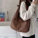Women Hobo Bag Simple PU Leather Solid Shoulder Bag n Large Capacity Handbag For School Work - - Image 4