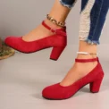 Autumn New Thick Heels Women's Black One-line Buckle Shallow Mouth Woman Single Pumps Suede Large Size Work Shoes - Image 5