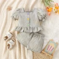 (0-3 Years Old) Summer Baby Girl Cotton Color Plaid Bubble Sleeve Top And Shorts Set Cute Princess Style Two-Piece Set For Girls - Image 3