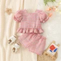 (0-3 Years Old) Summer Baby Girl Cotton Color Plaid Bubble Sleeve Top And Shorts Set Cute Princess Style Two-Piece Set For Girls - Image 4