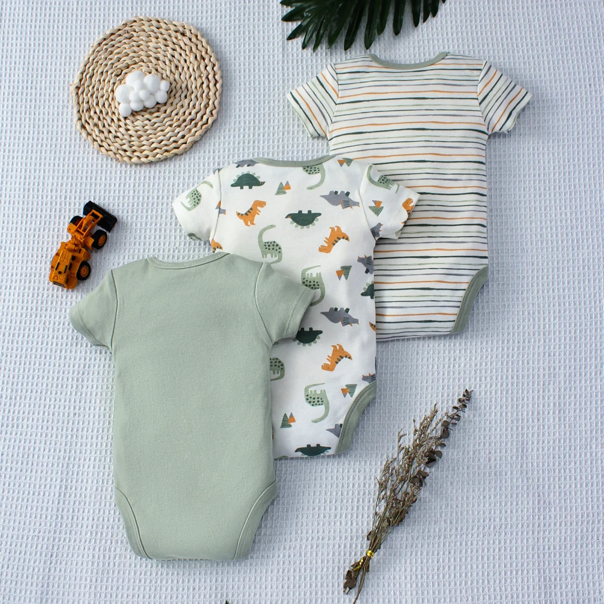 3PCS Summer Baby Bodysuit Three piece Set with Cartoon Dinosaur Pattern and Stripe Pattern Button Design for 0-9 Months Old Boys - Image 2