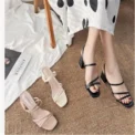 Women Sandals Ladies Square Heels Elegant Summer Slippers Outside Cross Tied Leather Female Slides - Image 3