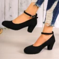Autumn New Thick Heels Women's Black One-line Buckle Shallow Mouth Woman Single Pumps Suede Large Size Work Shoes - Image 3