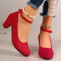 Autumn New Thick Heels Women's Black One-line Buckle Shallow Mouth Woman Single Pumps Suede Large Size Work Shoes - Image 4