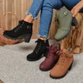 Women Shoes Women Fashion High Heel Lace Up Ankle Boots Ladies Buckle Platform Artificial Leather Shoes Bota Feminina