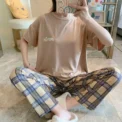 Sleepwear Women’s Solid Color Short Sleeve Checkered Pants Large Size Comfortable Breathable Pullover Top Trouser Nightwear - Image 2