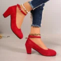 Autumn New Thick Heels Women's Black One-line Buckle Shallow Mouth Woman Single Pumps Suede Large Size Work Shoes - Image 6