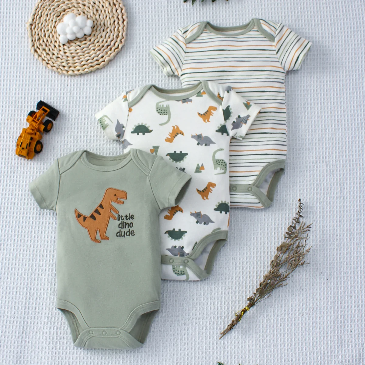 3PCS Summer Baby Bodysuit Three piece Set with Cartoon Dinosaur Pattern and Stripe Pattern Button Design for 0-9 Months Old Boys - Image 1