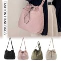 Women Fashion Shoulder Bag Large Capacity Nylon Drawstring Bucket Bag Lightweight Commuting Bag Multi-pockets for Work Vacation - Image 2