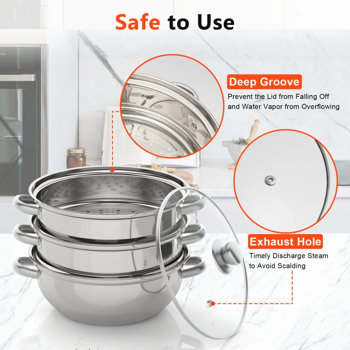 3-Tier Stainless Steel Steamer Pot with Glass Lid, Induction/Gas Stove Compatible, 28cm Multi-Layer Cookware - Image 4