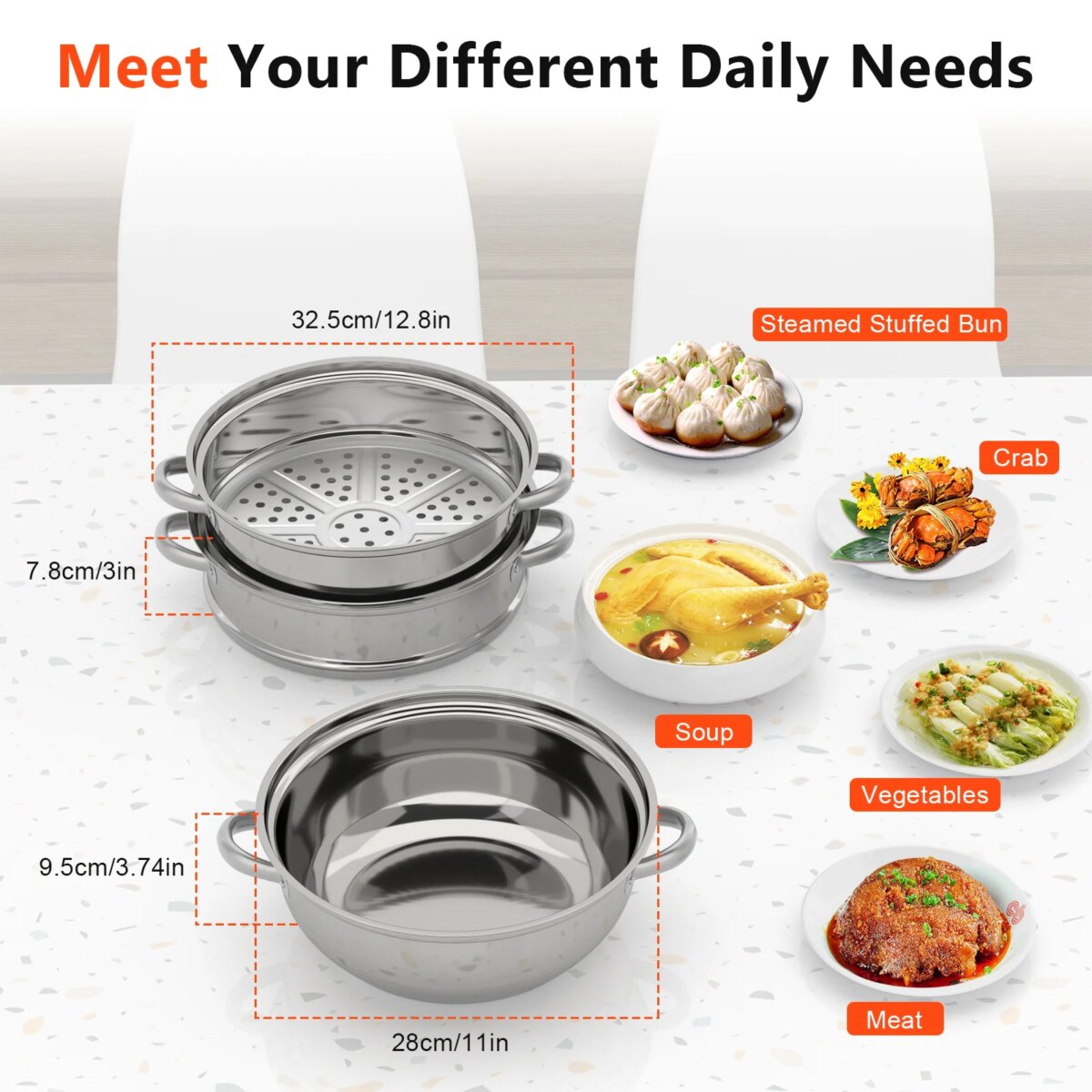 3-Tier Stainless Steel Steamer Pot with Glass Lid, Induction/Gas Stove Compatible, 28cm Multi-Layer Cookware - Image 2