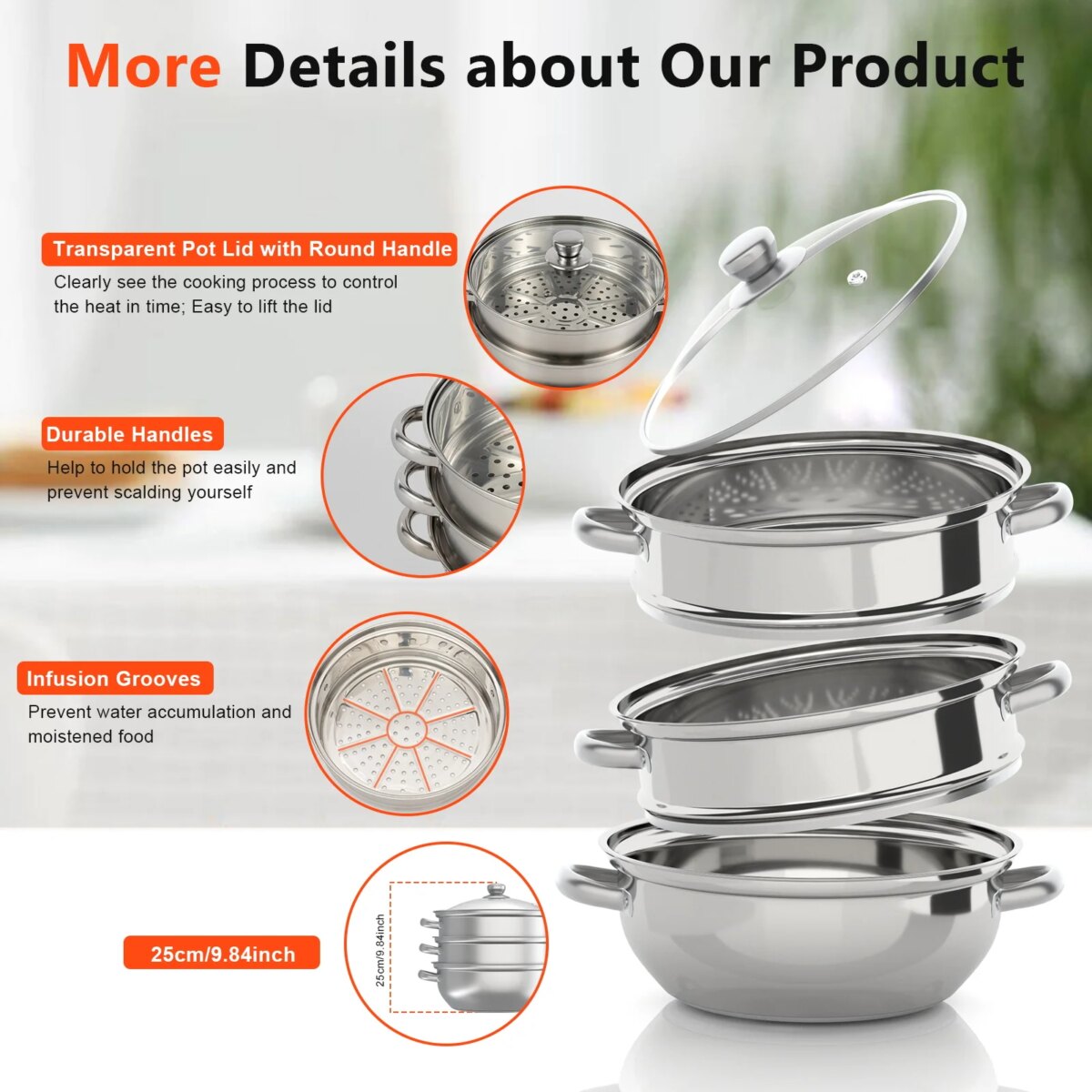 3-Tier Stainless Steel Steamer Pot with Glass Lid, Induction/Gas Stove Compatible, 28cm Multi-Layer Cookware - Image 3