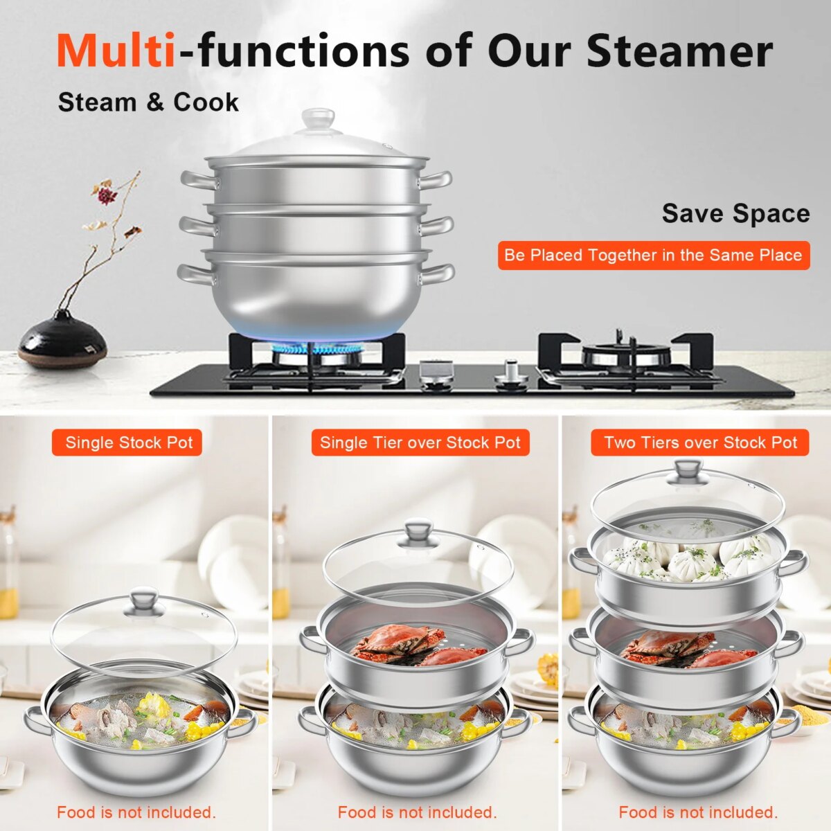 3-Tier Stainless Steel Steamer Pot with Glass Lid, Induction/Gas Stove Compatible, 28cm Multi-Layer Cookware - Image 1