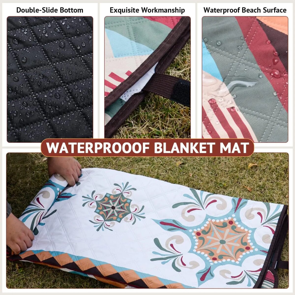 Waterproof Picnic Blanket, 200x200CM Large Beach Blanket Outdoor Picnic Mat, Beach Mat with Carrying Handle for Camping, Beach - Image 4