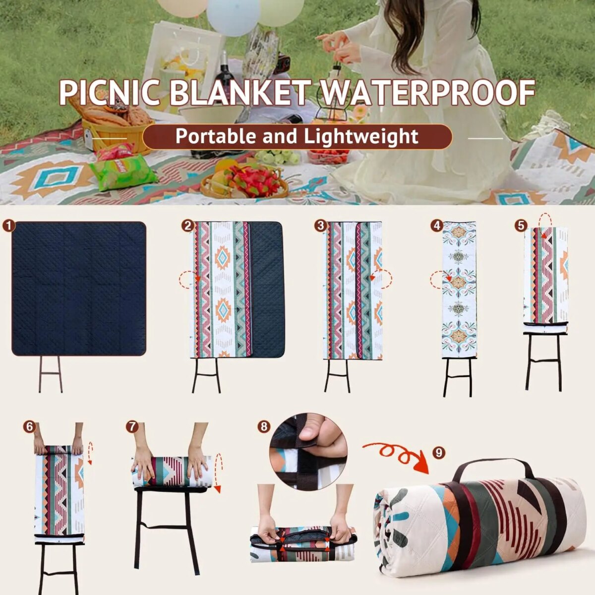 Waterproof Picnic Blanket, 200x200CM Large Beach Blanket Outdoor Picnic Mat, Beach Mat with Carrying Handle for Camping, Beach - Image 5