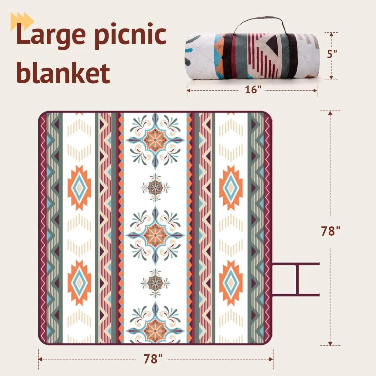 Waterproof Picnic Blanket, 200x200CM Large Beach Blanket Outdoor Picnic Mat, Beach Mat with Carrying Handle for Camping, Beach - Image 3
