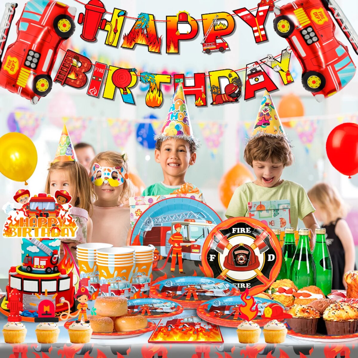 Fire Truck Birthday Party Supplies,95pcs  Birthday Party Decorations for Boys-Firetruck Birthday Balloons Plates Napkins etc - Image 4